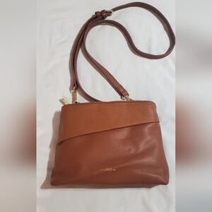 Espe Vegan Brown Faux Leather Crossbody Bag. Two Zipper Pockets, Button Middle.